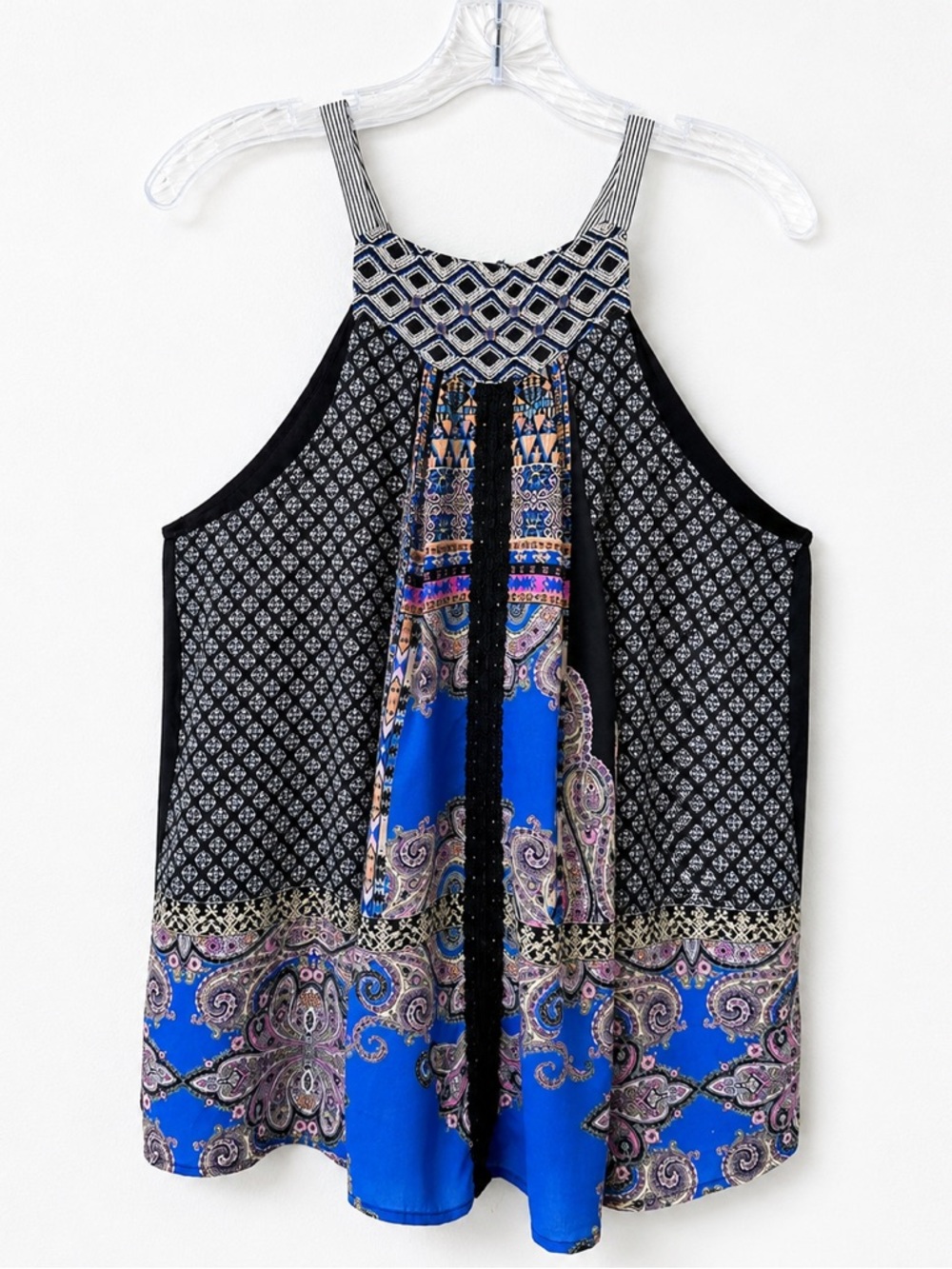 Esley Boho Embroidered Halter‎ Tank Paisley Mixed Print Flowy Top M